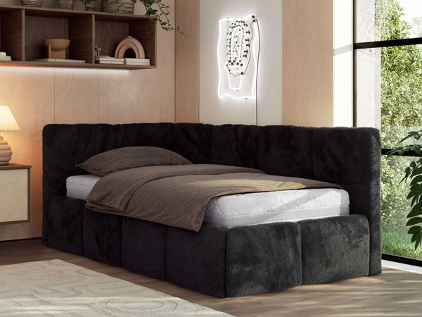 Jugendbett 90x200 ARVO Polsterbett mit Bettkasten, Stauraum & Gasdruckfeder, Modernes Design mit Kopfteil, Multipocket Matratze - Schwarz Plüsch - ELORI LUX - Links Seite