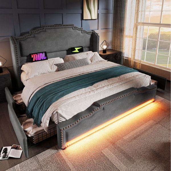 Celya Polsterbett Doppelbett mit 4 Schubladen, LED-Beleuchtung und USB-C-Ladeanschluss (Samt, ohne Matratze), 140×200cm, Stauraumbett und Jugendbett mit Lattenrost