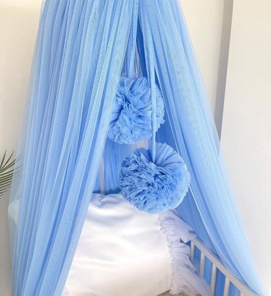 Betthimmel blau mit Bommeln