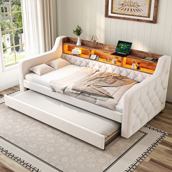 Sofa-Bett aus Samt beige, 90x190 cm, mit LED & USB-C, Stauraum, platzsparend