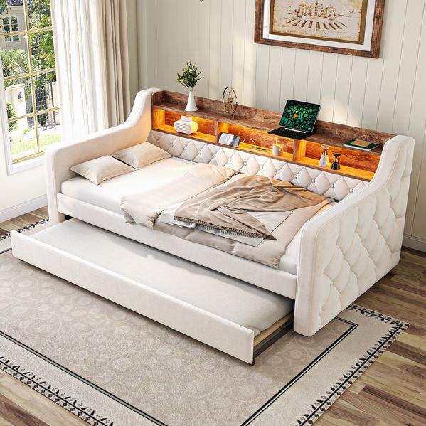 Sofa-Bett aus Samt beige, 90x190 cm, mit LED & USB-C, Stauraum, platzsparend