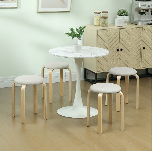 HOMCOM Hocker Stapelhocker Rückenlehnenlose Stapelstühle mit gepolsterter Sitzfläche (Runde Küchenhocker für Esszimmer, Wohnzimmer, 4 St, 40 x 40 x 45 cm), Cremeweiß