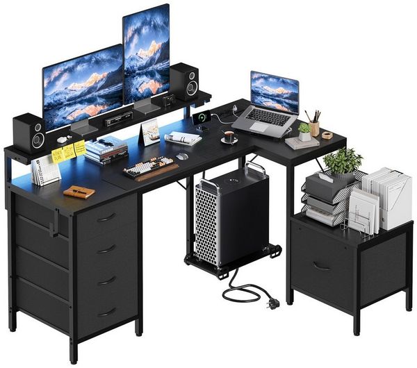 HOMALL Eckschreibtisch 140/160 cm Schreibtisch mit Schubladen, Monitorhalterung, Gaming-Tisch (Monitorarm hohenverstellbar von 12 bis 27 cm, mit 5 mit Stof ausgekleideten Schubladen, Montageoption links/rechts, Platz fur Drucker)