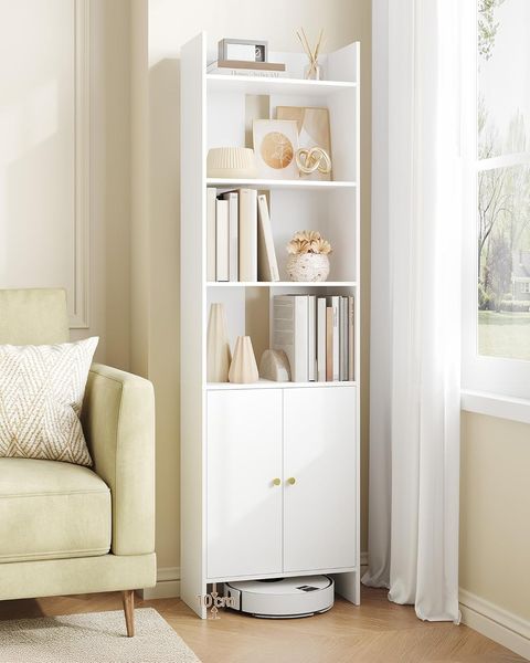 Bücherschrank mit 2 Türen, Bücherregal mit 6 Ebenen, Regal, Vitrinenschrank, Lagerregal für Wohnzimmer, Home Office, Küche, 24 x 48 x 169,2 cm, Weiß