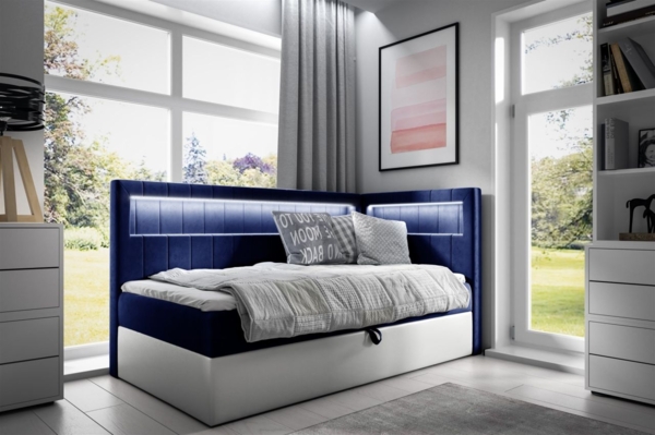 Boxspringbett Gästebett Kinderbett FABIAN Nr. 3 90x200cm Weiss-Blau Seite Rechts