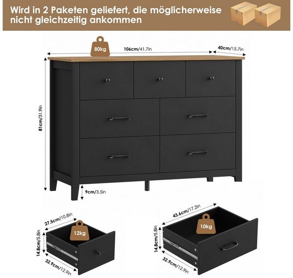 HOMECHO Kommode, Weiß mit 7 Schubladen und Brauner Platte, 106x40x81 cm