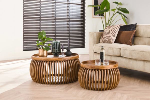 KAWOLA Couchtisch LANI Set 2-tlg. Mangoholz braun Fuß gewölbt 40 x 78 x 78 cm