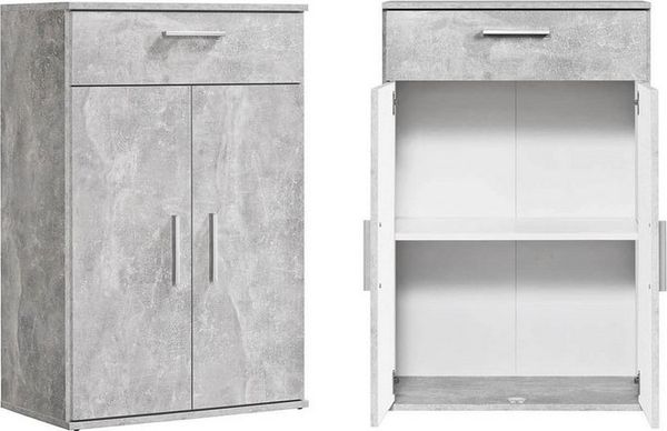 mokebo® Mehrzweckschrank 60cm Breite mit Schubladen & Einlegeböden 'Der Praktische' kurzer Schubladenschrank in Grau, Kleiner Schrank & Midischrank Betonoptik | 60 x 91 x 34 (B/H/T in cm)