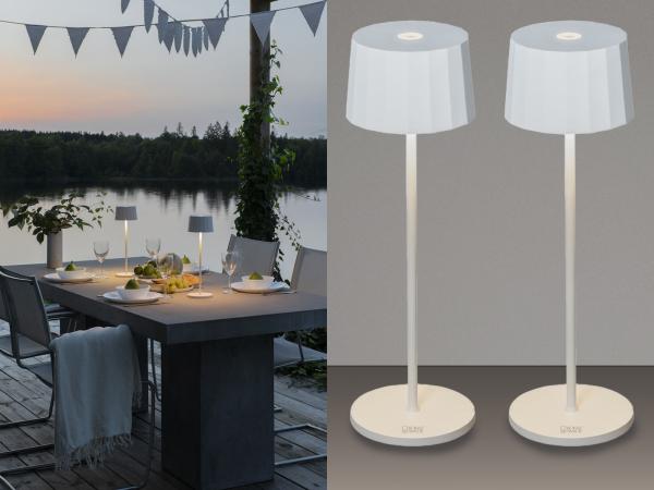 2er Set Wiederaufladbare LED Outdoor Tischleuchten dimmbar in Weiß, Höhe 35cm