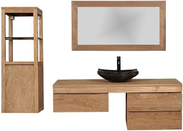 Badmöbel Set Mark Teak Massivholz - Breite vom Unterschrank: 90 cm - Breite vom Spiegel: 120 cm - Anzahl der Hängeschränke: ohne Hängeschrank - Handtuchhalter: ohne Handtuchhalter