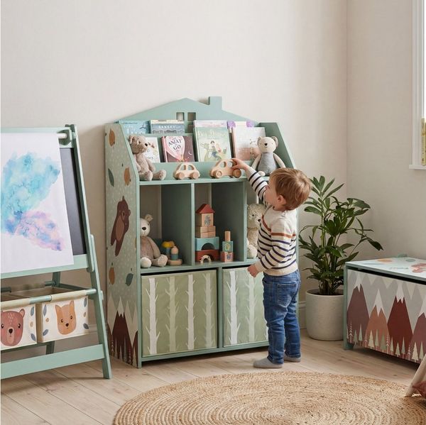 AIYAPLAY Kinderregal Spielzeugregal mit 2 Stoffschubladen offen Regal, Bücherregal Kinder 1-tlg, für 3-8 Jahre für Spielzeug Bücher 62,5x30x91,5 cm Grün