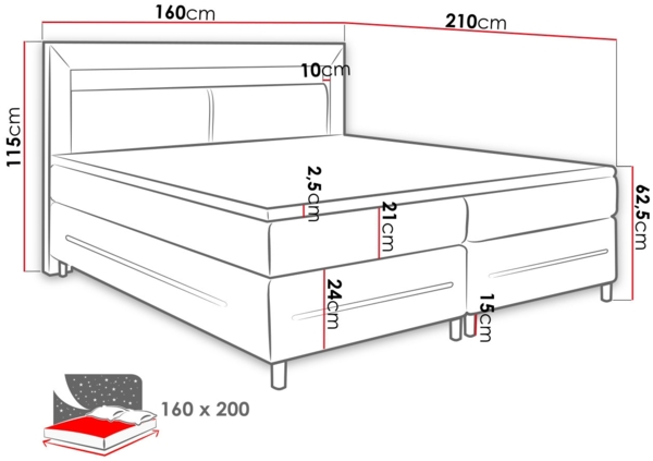 Boxspringbett Amarante LED, Blauer LED-Beleuchtung, Weiß, 160x200 cm Bild 4
