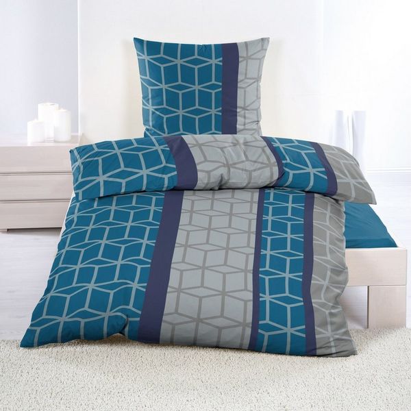 Casa Colori Bettwäsche Microfaser Fleece Wintergarnitur 135x200 cm kuschelig weich, Fleece, 4 teilig, Blau Grau Geometrisch