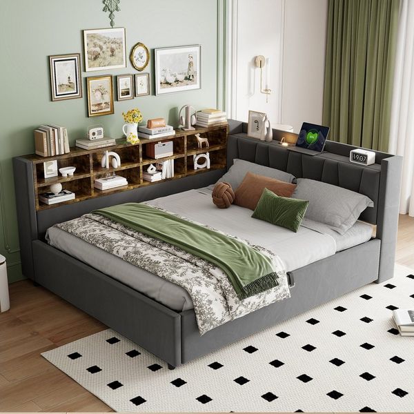 MODFU Schlafsofa Mit Hydraulischem Stauraum, Nachtlicht, USB & Typ-C Ladeanschlüssen, Samt,Polsterbett mit Ablagen und Staufächern, Multifunktionales Kinderbett 140x200 cm, Inklusive Matratze