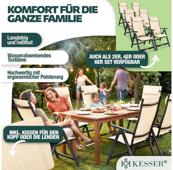KESSER® Gartenstuhl Hochlehner mit Armlehnen | Aluminium Klappstuhl inkl. Kopfkissen Campingstuhl 7-Fach Verstellbar Rückenlehne | Atmungsaktiv & Wetterfest | Klappbar & Anti-Rutsch Beige, 1 Stück Bild 2