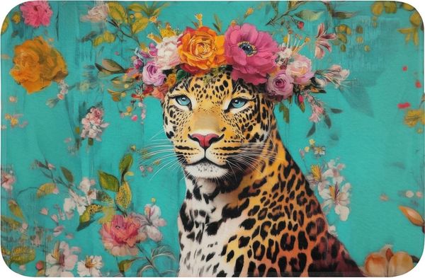 OnlyWow Badematte Leopard - Blumen - Krone, Höhe 10 mm, Polyester, Rechteckig, Badezimmerteppich, Badteppich, Rutschfest, Badvorleger, Waschbar