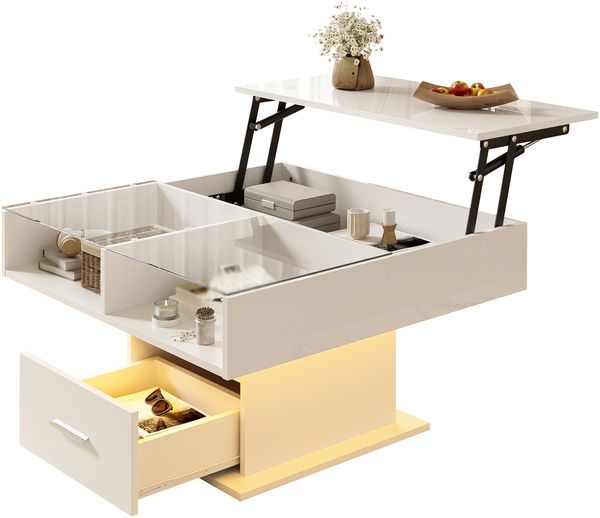 Multifunktionaler Hochglanz-Lift-Couchtisch mit LED-Beleuchtung, verstellbarer Höhe & flexiblem Stauraum – modernes Design für Wohnzimmer, Büro & kleine Wohnungen