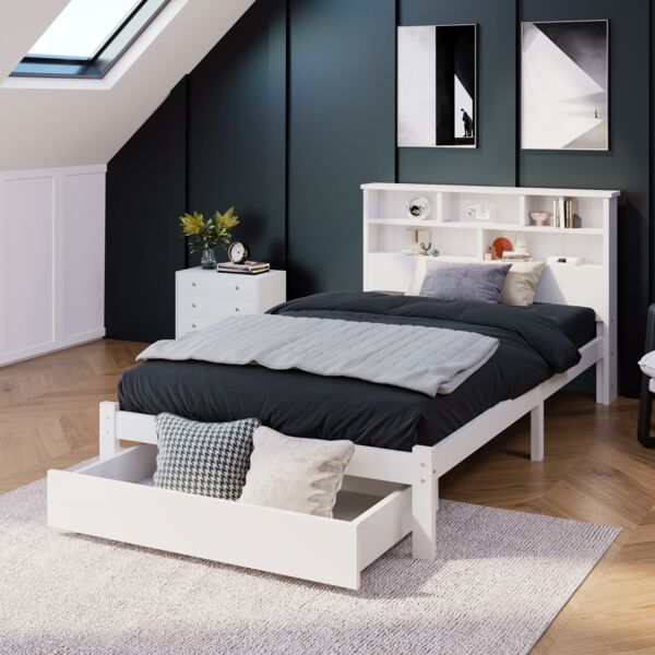 Einzelbett aus Massivholz mit Kopfteil-Regal & Schubladen, 100x219x93 cm, Weiß, ohne Matratze