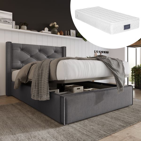Polsterbett 90x200 cm mit Stauraum und hydraulischem Lattenrost – Baumwolle, grau