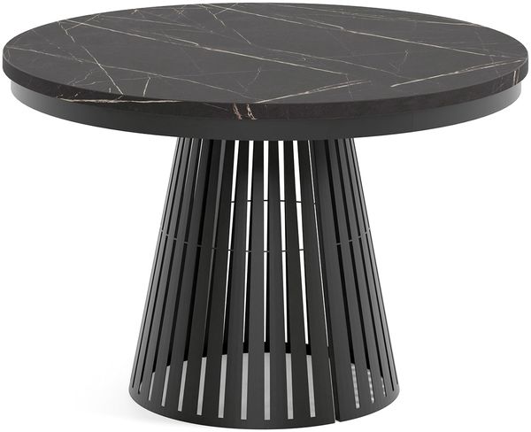 MEBLINI Esstisch Rund Ausziehbar aus Metall - 120-196x76 cm - CONEY - Schwarz Marmor/Schwarz Matt - Loft - Esszimmertisch Modern - Küchentisch - Ausziehtisch - Round Dining Table