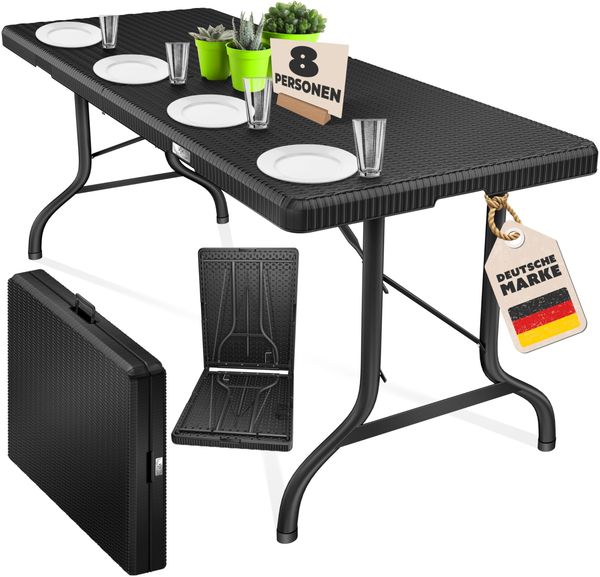 KESSER® Buffettisch Tisch klappbar Kunststoff 183x76 cm Rattan Optik Campingtisch Partytisch Klapptisch Gartentisch für Garten Terrasse und Balkon zusammenklappbar 6 Personen ink. Tragegriff Schwarz