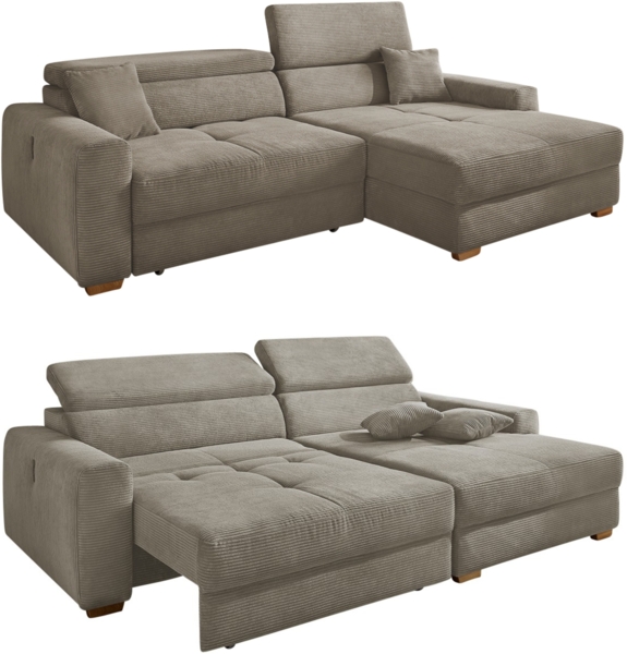 Ecksofa Auszug elektrisch USB-C Kopflehne verstellbar Couch Cord Braun Taupe