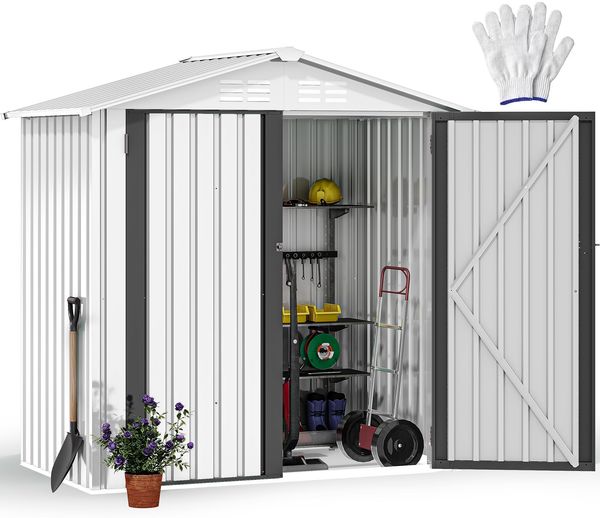 DWVO Gerätehaus 6x4 Fuß (183x122 cm) aus Metall, Gartenhaus mit abschließbarer Tür, Wetterfester Aufbewahrungsschuppen aus feuerverzinktem Stahl für Werkzeuge, Garten & Terrasse - Weiß
