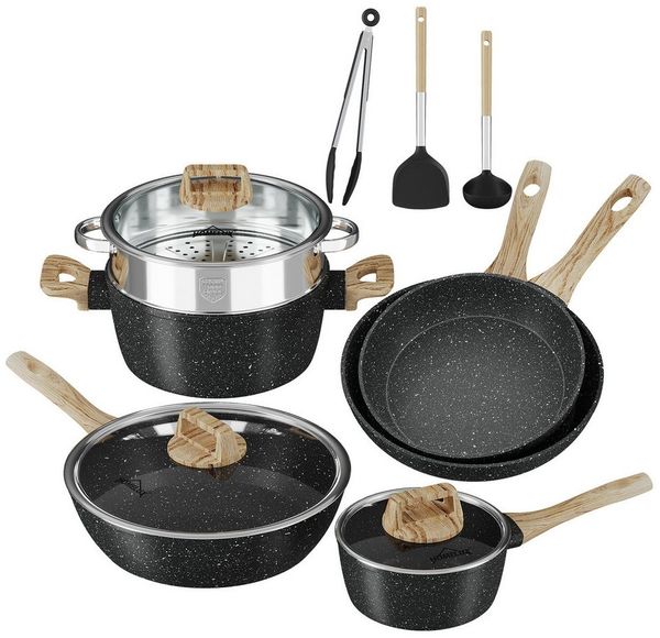 HOMELUX Topf-Set Schwarz Induktions Töpfe Set mit Antihaftbeschichtung, Holzmaserung, Aluminium (Kochtopf 16/24 cm, Bratpfanne 24/28/28 cm + 3-tlg. Küchenhelfer-Set, 12-tlg, Topfset/Pfannensets), Induktion