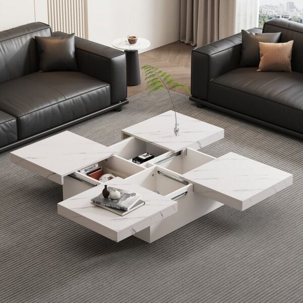 Merax Couchtisch mit versteckten Stauraum und Marmor-Optik (1-St), Quadratischer Wohnzimmertisch Satztisch mit 4 Schubladen, 90x90x25cm