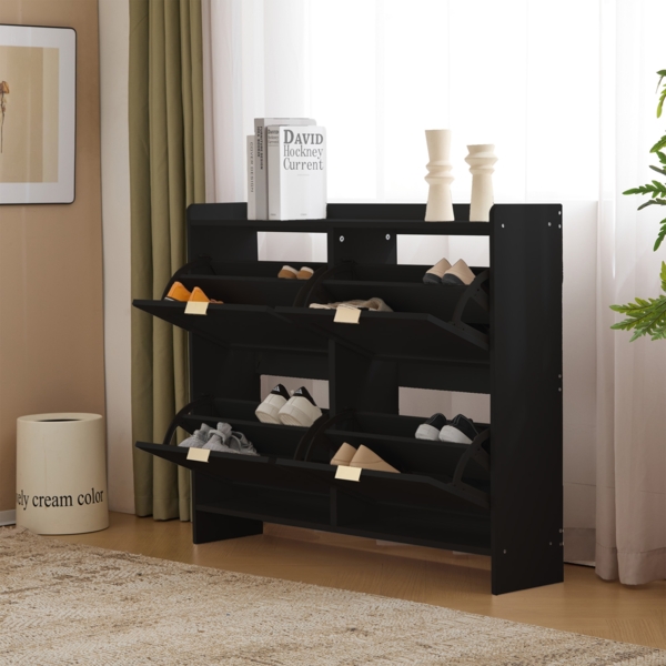 Merax Schuhschrank, mit 4 Klappenfächern, freistehendem Schuhregal, offenen Ablageflächen, geeignet für Eingangsbereich oder Flur, Schwarz