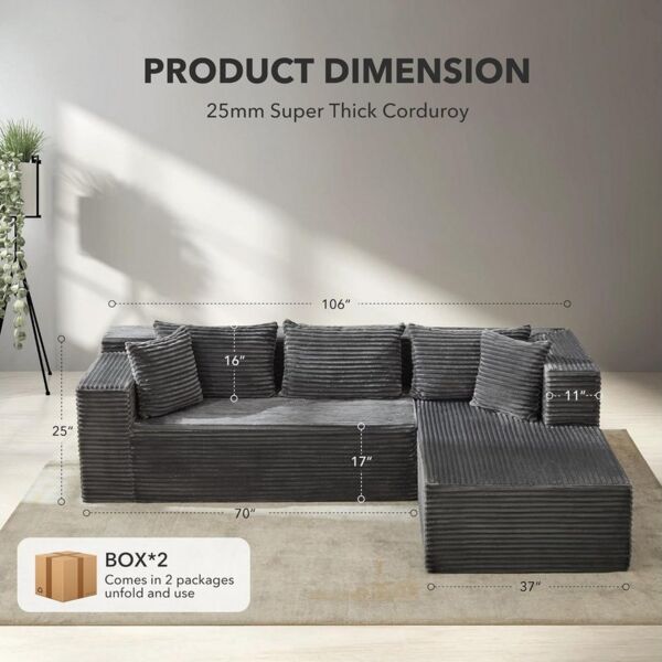 GarveeMore Ecksofa mit L-förmiger Chaiselongue,modernes Modulsofa mit tiefer Sitzfläche, gepolstertes Sofa für Wohn und Schlafzimmer,keine Montage erforderlich