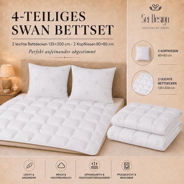 SEI Design Microfaserbettdecke Bettset SWAN 4-tlg Sommer 2x Bettdecken 135x200 + 2x Kissen 80x80, Füllung: daunenähnliches Gefühl, Bett-Set 4-Tlg.: 2x Bettdecken 135x200 + 2x Kopfkissen 80x80