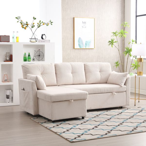 Schlafsofa, Cord mit Stauraum & ausziehbarer Liegefläche, 206x108x66-88 cm, Beige