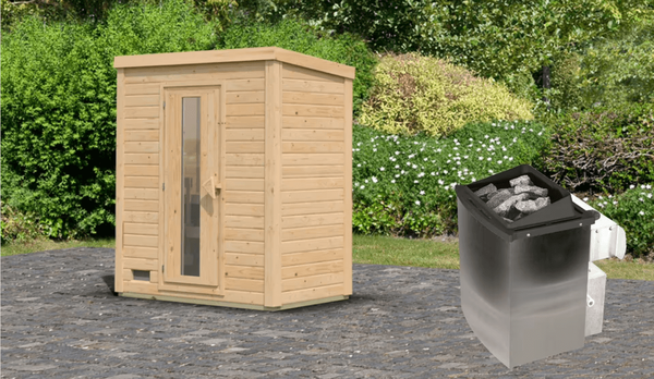 Karibu Sauna Hytti 0 naturbelassen mit 9 kW Ofen mit integrierter Steuerung