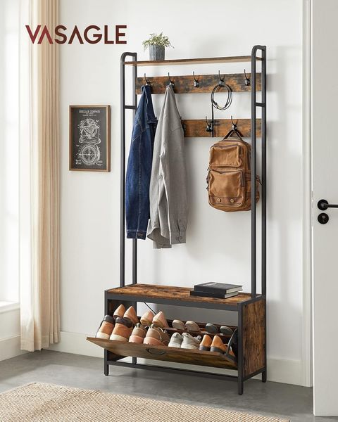 Vasagle Garderobenständer mit Schuhschrank, Garderobe mit Sitzbank, Kleiderständer, Schuhkipper, 9 Haken, obere Ablage, für Flur, Schlafzimmer, Industrie-Design, vintagebraun-schwarz von Songmics HSR405B01