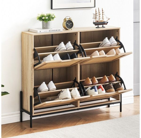 GarveeMore Schuhschrank Schuhkipper Schuhkommode mit 4 Klappen mit 8 Einstellbar Ablageflächen