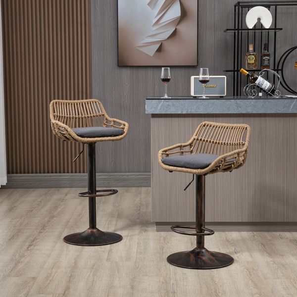 Flieks Rattan-Barhocker 2er Set mit graues Kissen & Fußstütze, Outdoor Barhocker, verstellbar für Küche, Esszimmer & Außenbereich, Braun