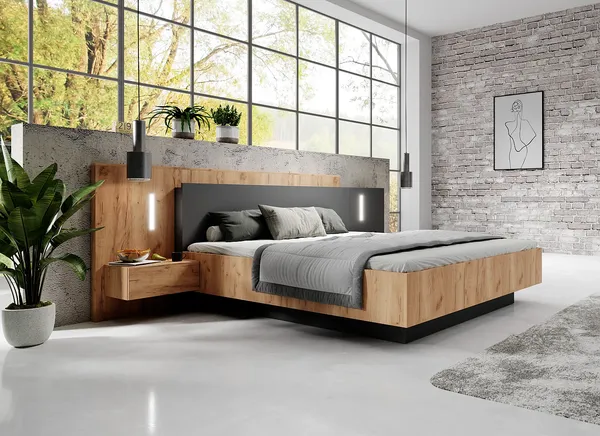 Vente-unique - FRANCOLI Bett Holz, Platte GrauBeige - B 208,2 cm x H 102 cm x L 244,4 cm