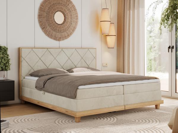 Boxspringbett mit Massivholzelementen und Multipocket - Matratzen - CAICOS - 180 x 200 cm - Beige Velours - H4