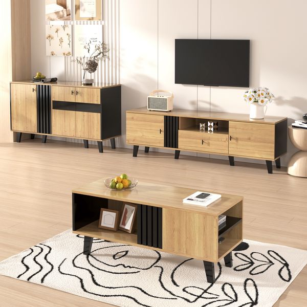Wohnzimmermöbel Set 3-teilig Couchtisch TV-Schrank Sideboard Holzoptik LED modern Aufbewahrung Möbel Kombination Wohnzimmer