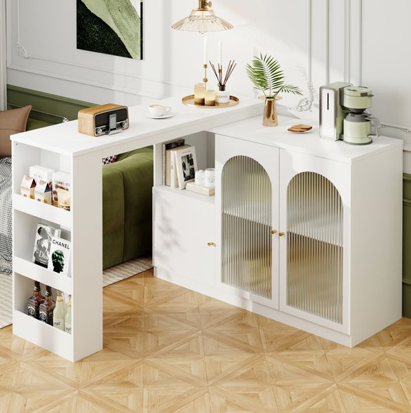 Sideboard Esszimmerschrank Weiß mit 360°-Drehfunktion, Aufbewahrungsschrank mit Regalen, Schubladen und Changhong-Glas Türen, 97cmx120cmx40cm