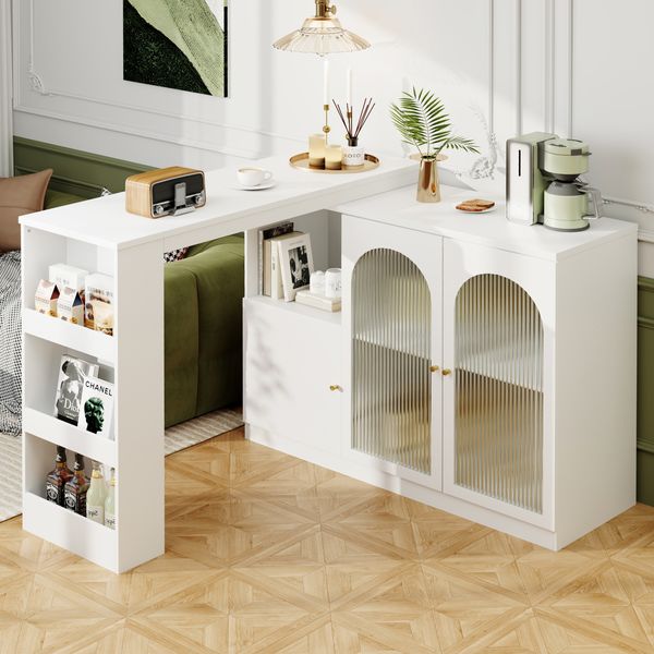 Sideboard Esszimmerschrank Weiß mit 360°-Drehfunktion, Aufbewahrungsschrank mit Regalen, Schubladen und Changhong-Glas Türen, 97cmx120cmx40cm