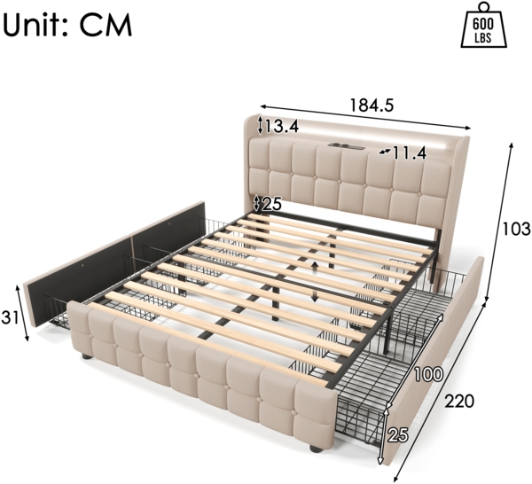 Einzelbett 180 × 200 cm mit Steckdosen,USB-Anschlüssen und LED-Beleuchtung,4 Schubladen,Leinenbezug in Beige Bild 8
