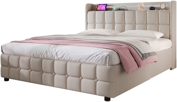 Einzelbett 180 × 200 cm mit Steckdosen,USB-Anschlüssen und LED-Beleuchtung,4 Schubladen,Leinenbezug in Beige Bild 9