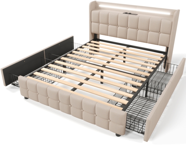Einzelbett 180 × 200 cm mit Steckdosen,USB-Anschlüssen und LED-Beleuchtung,4 Schubladen,Leinenbezug in Beige Bild 10