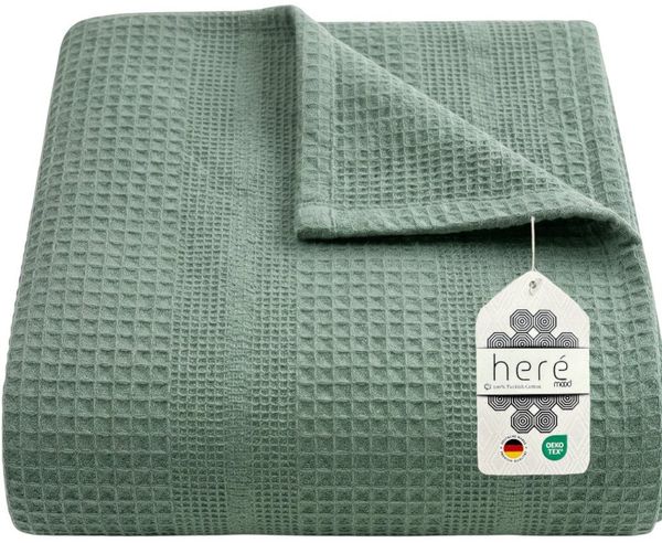 herémood Tagesdecke aus 100% Baumwolle – Wohndecke Elegante Waffelpique Kuscheldecke, für Sofa & Bett, atmungsaktiv & pflegeleicht – 150x200 cm MINTGRÜN