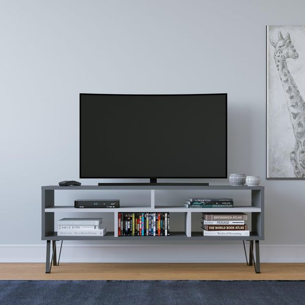 Hanah Home Stylish TV Stand with Wall-Mount Option, Anthracite & White, 120 x 25 x 46.6 cm | 100% Melamine Coated, 18 mm Thick | Multiple Shelves for Modern Living Rooms
