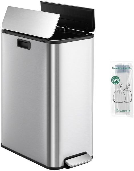 Mülleimer Küche, 2 x 28 Liter Mülleimer Schmal, Mülltrennsystem mit Herausnehmbarem Inneneimer, Inklusive 15 Spezial-Müllbeuteln, Silber