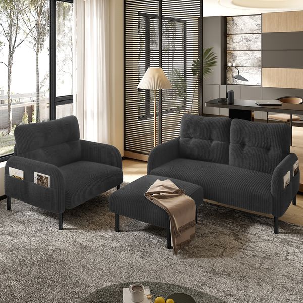 Fußhocker aus Cordstoff, moderner Polsterhocker mit stabiler Metallstruktur, weiche Polsterung & ergonomische Sitzhöhe,Grau