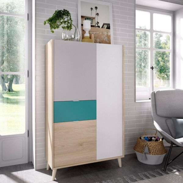 Dmora Duan, Sideboard für Wohnzimmer, Moderne Anrichte für Wohnzimmer mit 3 Türen, 81 x 43 x 137 cm, Weiß und Eiche